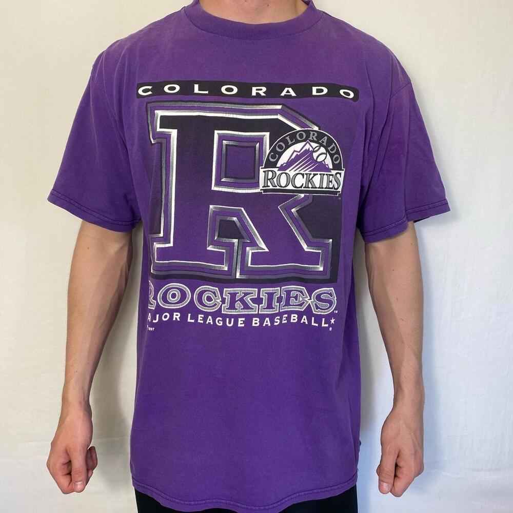 Vintage Logo 7 1997 Colorado Rockies tee.